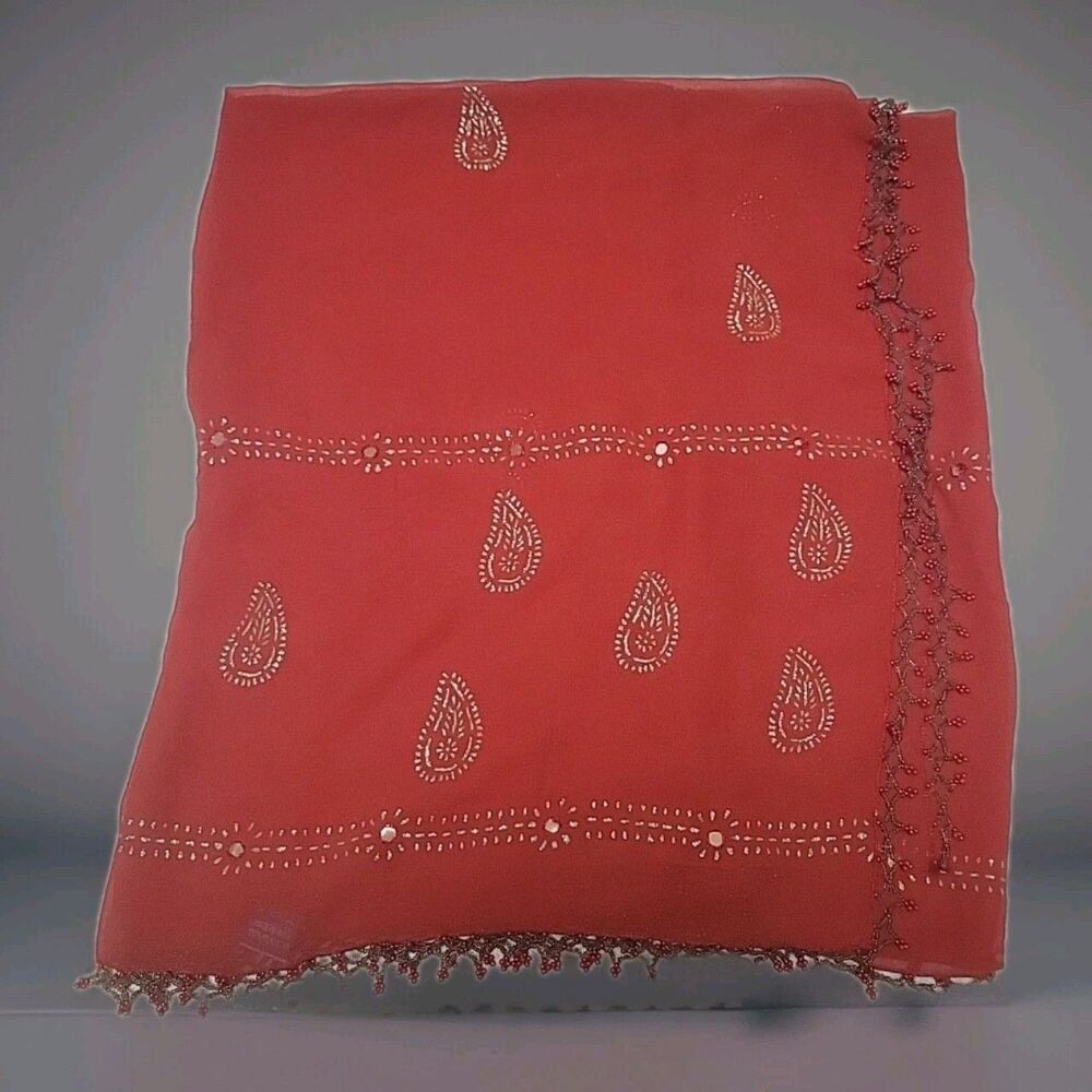Beautiful Long Wisp Red Scarf / Shawl 100% Polyester Made In India Beaded Fringe